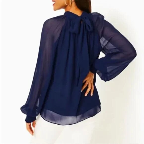 Lilly Pulitzer Ellielynn Sheer Long Sleeve Top In Low Tide Navy - Size 12 - Picture 1 of 11